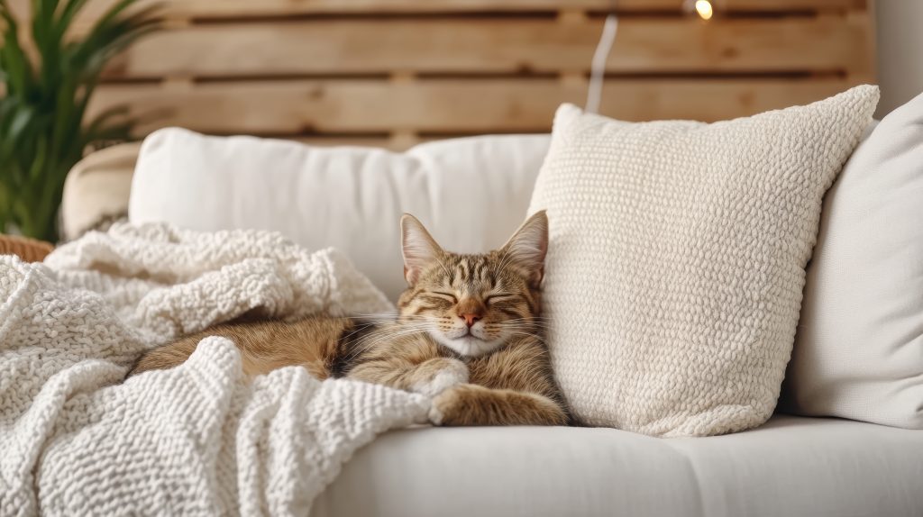 cozy cat relaxing on soft couch with blanket in pet friendly apartment