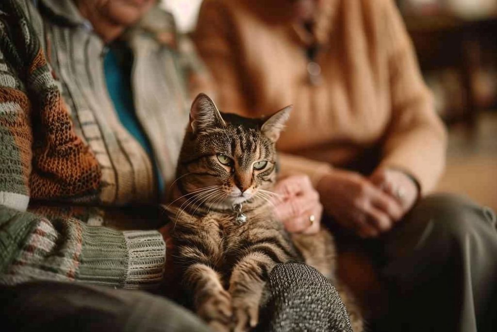 an elderly couple sitting quietly in designated visitation area petting calm and shelter cat on their laps an elderly couple sitting quietly in designated visitation area petting calm and shelter cat on their laps
