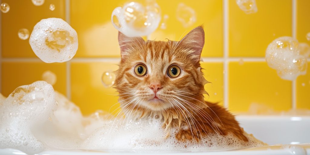 bathing cat in tub with bubbles near yellow tiles for clean pet ads bathing cat in tub with bubbles near yellow tiles for clean pet ads