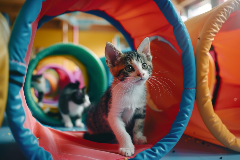 colorful playroom with shelter cats engaging in hide and seek joyful playtime colorful playroom with shelter cats engaging in hide and seek joyful playtime