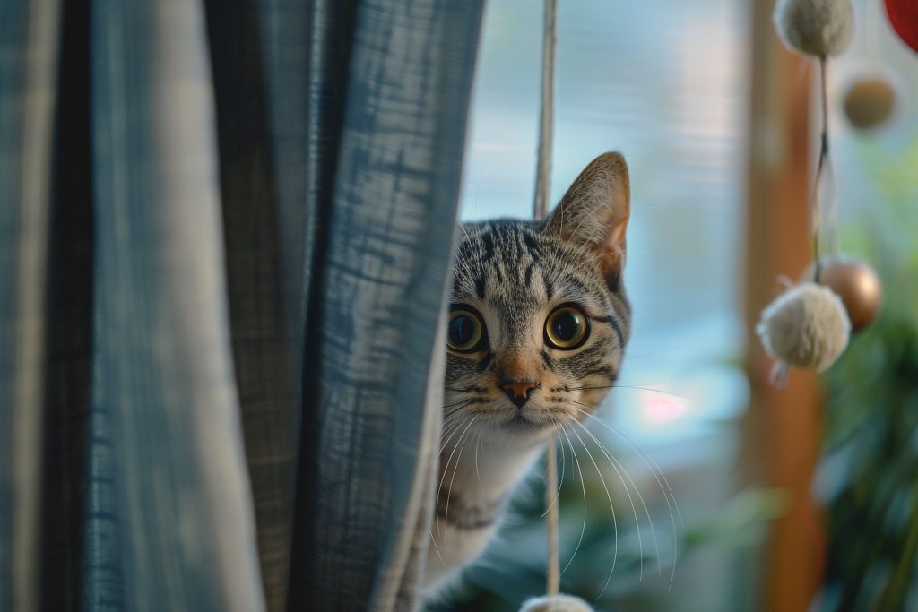 gray tabby cat peeking from behind a curtain preparing to pounce on a toy background gray tabby cat peeking from behind a curtain preparing to pounce on a toy background