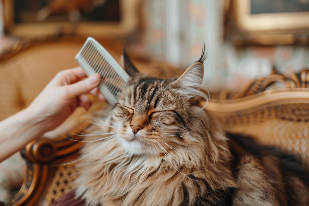 maine coon cat getting its fur brushed out with silver comb sitting on velvet cushion in an elegant grooming salon adorned with classical art background maine coon cat getting its fur brushed out with silver comb sitting on velvet cushion in an elegant grooming salon adorned with classical art background