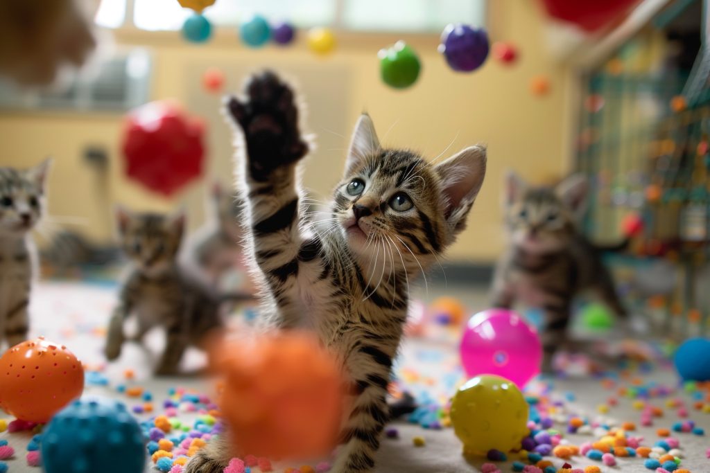 playful kittens exploring colorful room filled with toys bringing joy to shelter staff