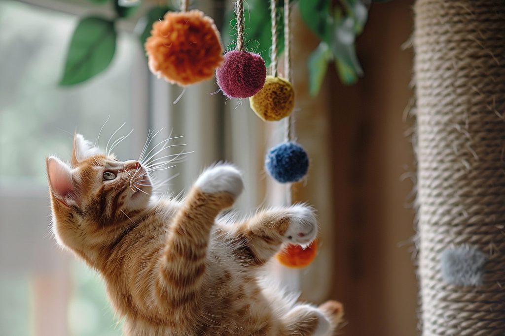 tabby kitten batting at hanging toy balls on scratching post energetic tabby kitten batting at hanging toy balls on scratching post energetic