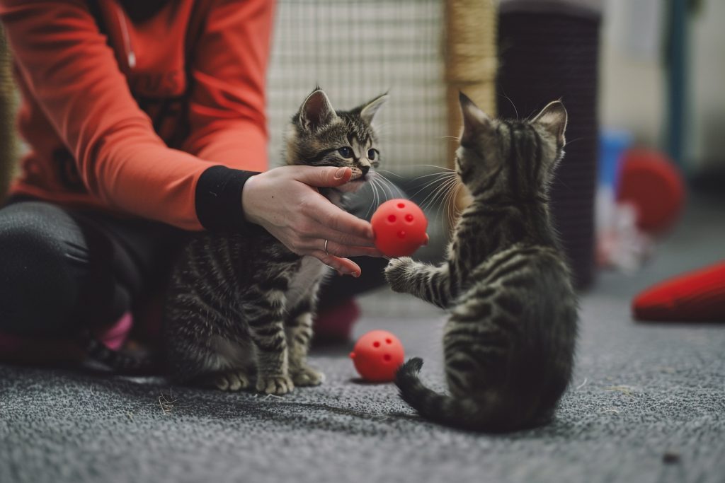 uplifting volunteer playing with shelter kittens using interactive toys uplifting volunteer playing with shelter kittens using interactive toys